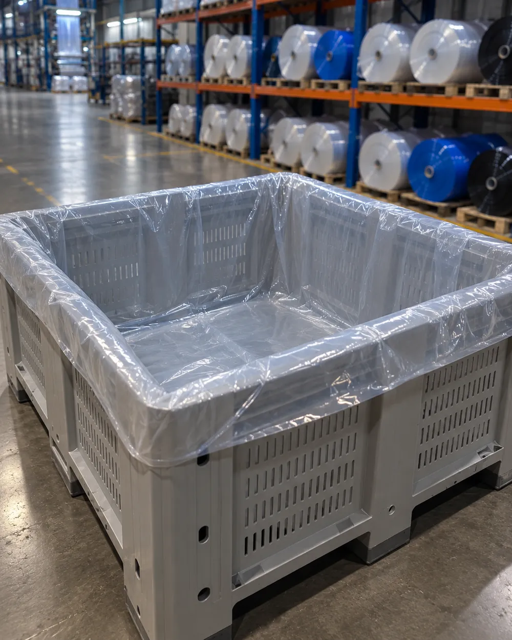 Bin industrial con bolsa contenedora de polietileno transparente a la medida interior, Codepol