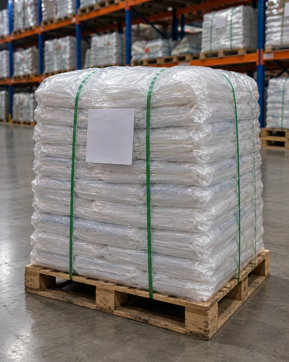 Pallet de fardos de bolsas de polietileno amarrado con zuncho en la bodega de Codepol, Lampa