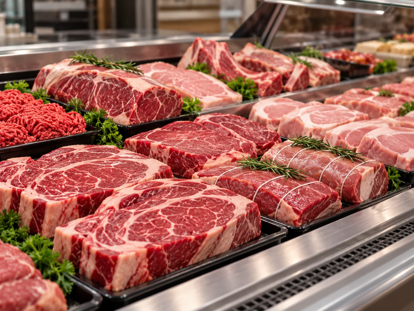 Mesón de carnicería con cortes de carne, donde se usan bolsas prepicadas de polietileno