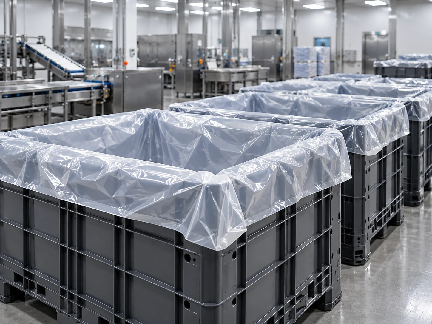 Bins industriales forrados con lámina de polietileno en planta de proceso
