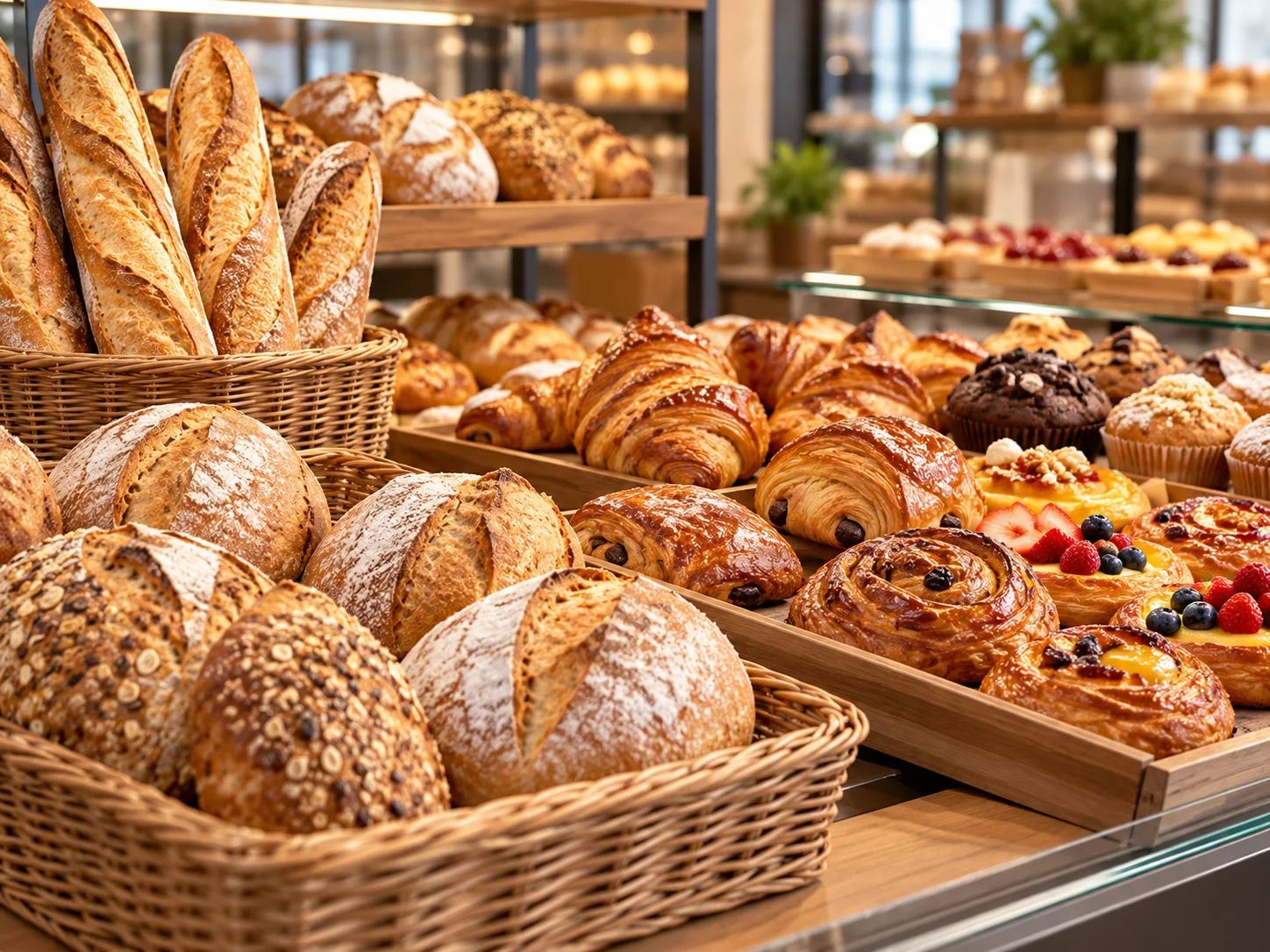 Vitrina de panadería y pastelería con pan y bollería
