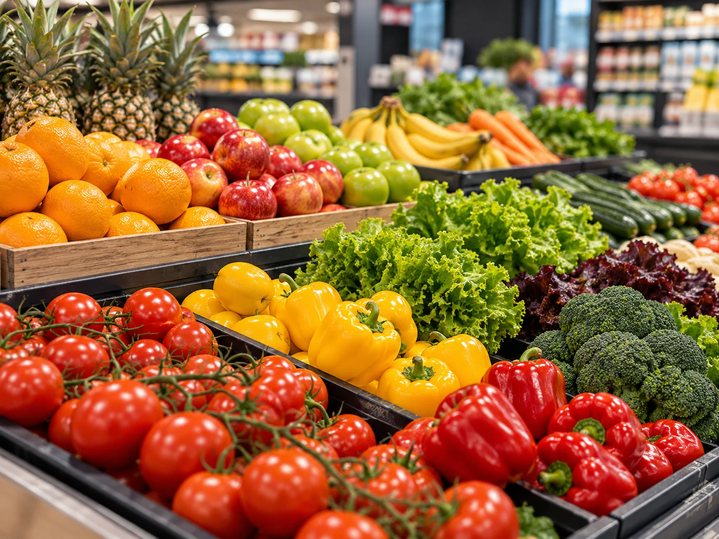 Sección de frutas y verduras de supermercado con venta a granel